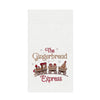 Decorative towel with 'The Gingerbread Express' and a train design on a white background