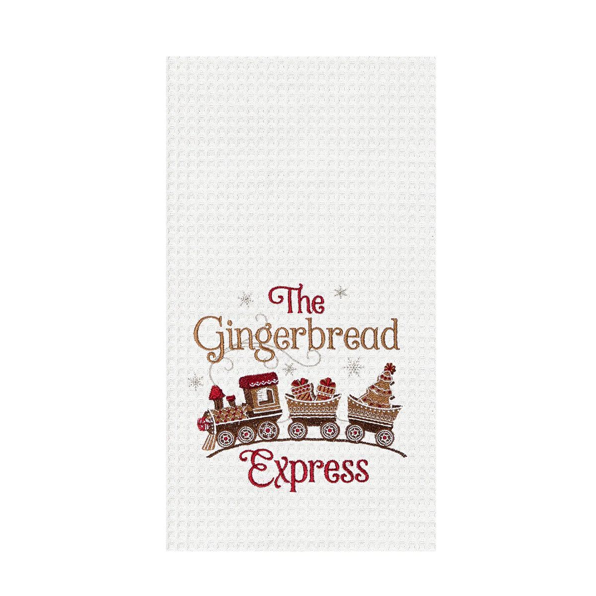 Decorative towel with 'The Gingerbread Express' and a train design on a white background