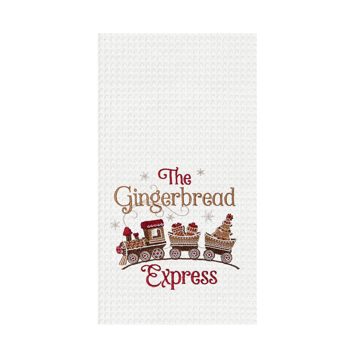 Decorative towel with 'The Gingerbread Express' and a train design on a white background