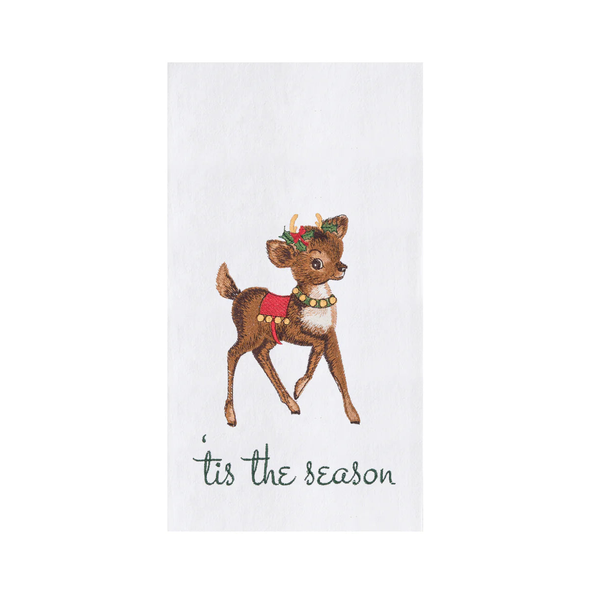 Festive towel with a deer and 'tis the season text on a white background