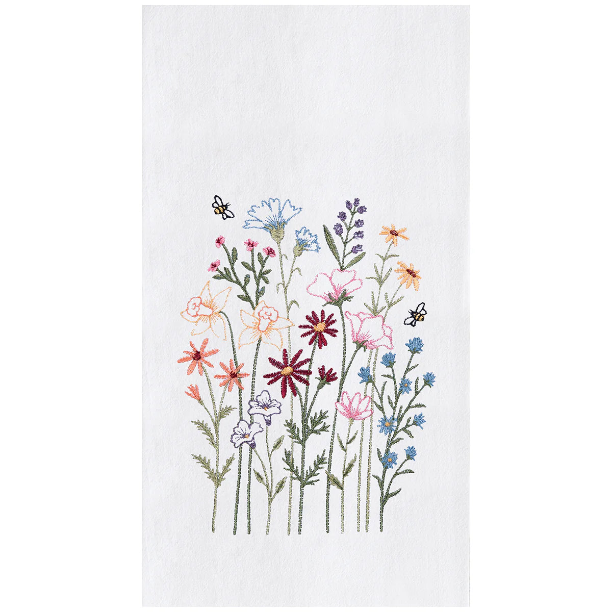 Kitchen towel with embroidered design of colorful flowers on a white background