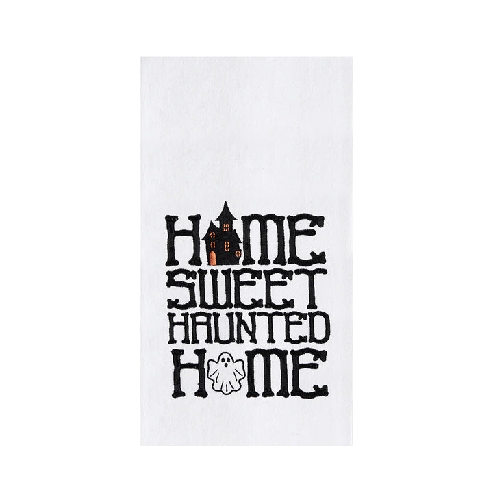 White towel with black text 'Home Sweet Haunted Home' featuring a haunted house and ghost graphic on a white background.