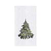 Embroidered green pine tree design on a white fabric background