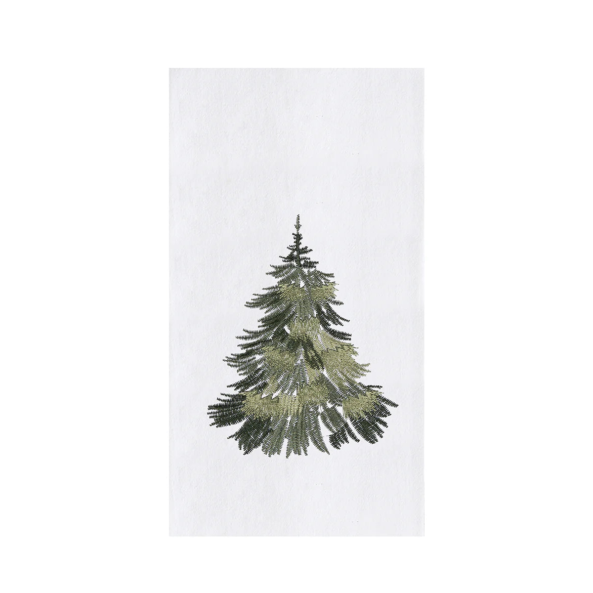 Embroidered green pine tree design on a white fabric background