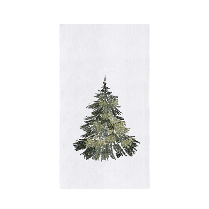 Embroidered green pine tree design on a white fabric background