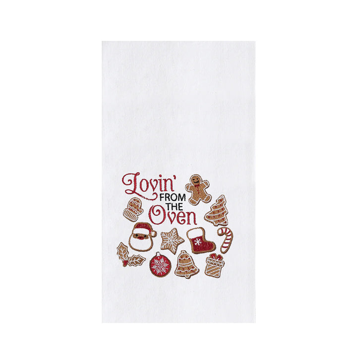 White towel with red and brown graphics and text "Lovin' from the Oven" on a white background
