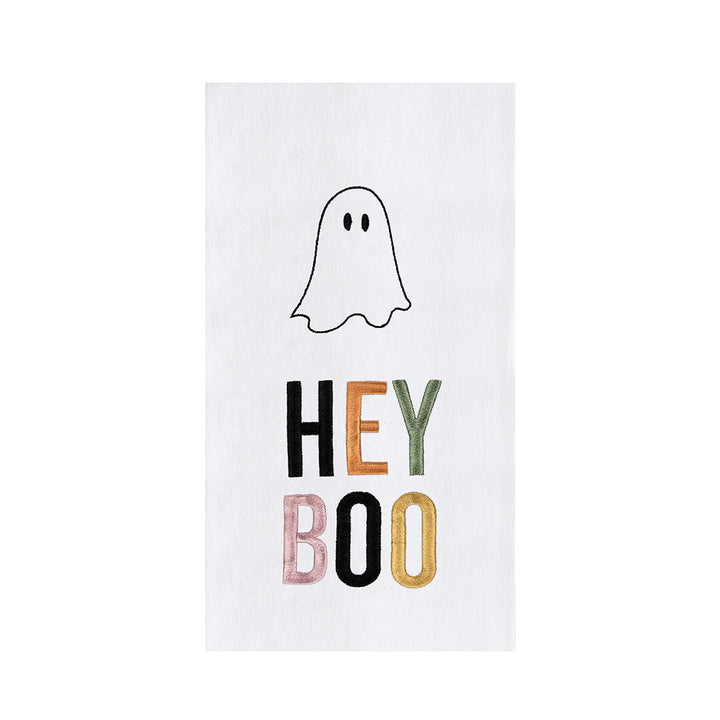 Halloween-themed towel with ghost and colorful text on a white background
