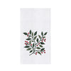 White towel with green leaf and red berry design on a white background
