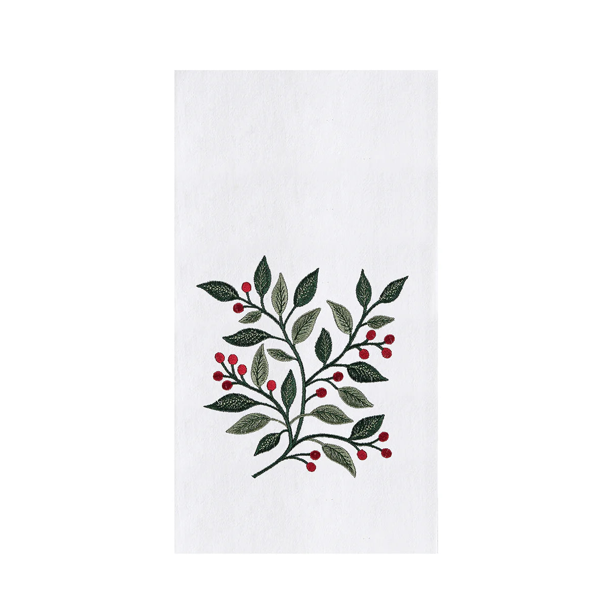 White towel with green leaf and red berry design on a white background