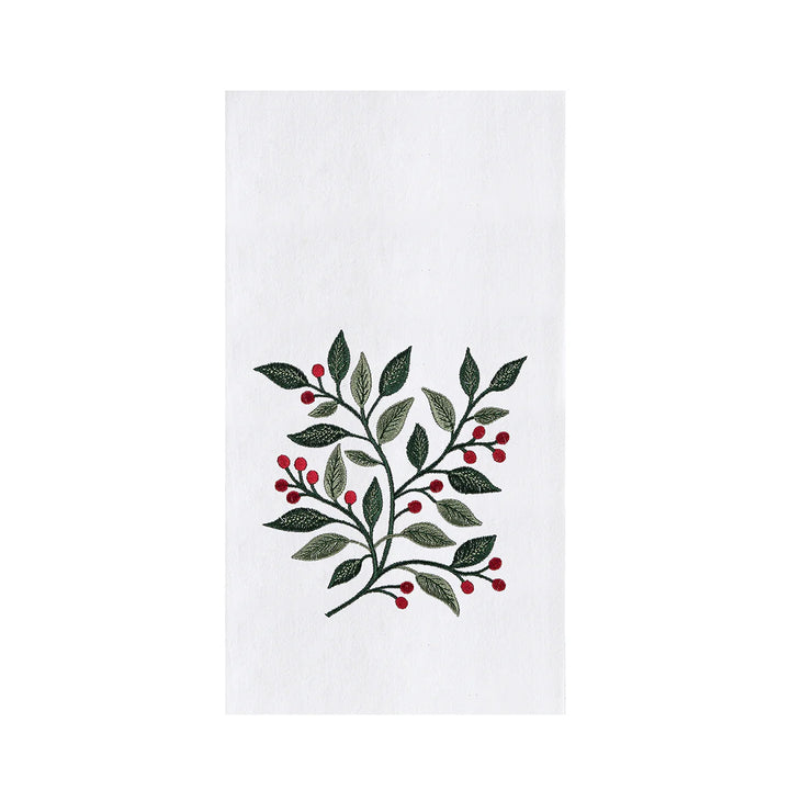 White towel with green leaf and red berry design on a white background
