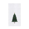 White towel with a green embroidered Christmas tree design on a white background