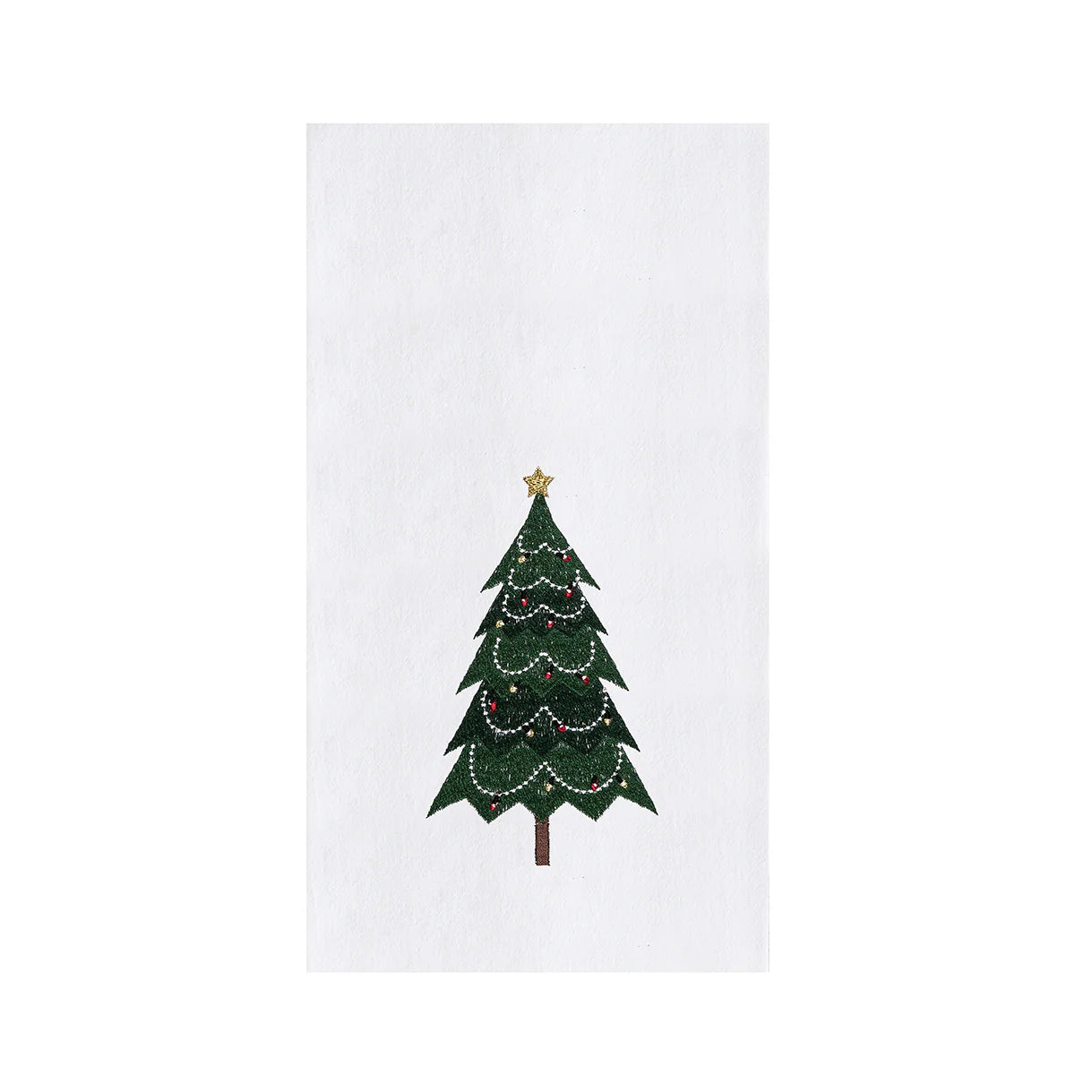 White towel with a green embroidered Christmas tree design on a white background