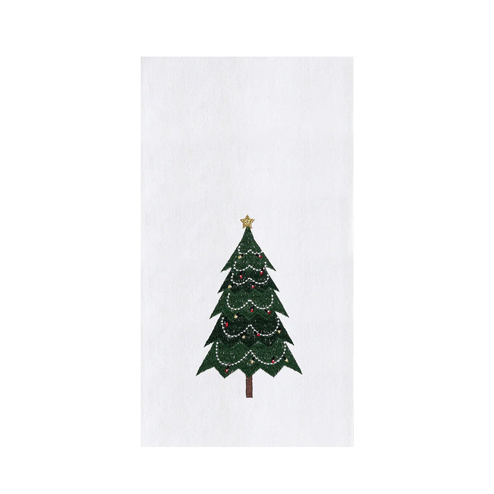 White towel with a green embroidered Christmas tree design on a white background