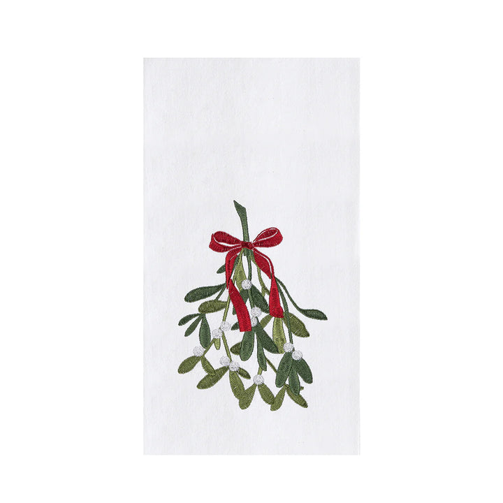 Decorative towel with mistletoe design on a white background