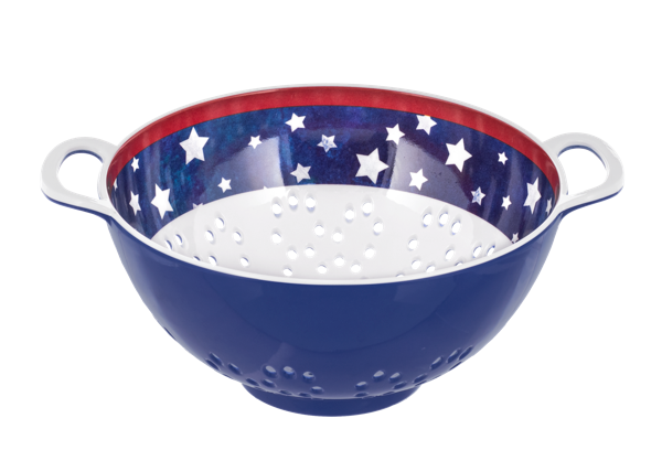 Blue colander with white stars on a red rim against a white background