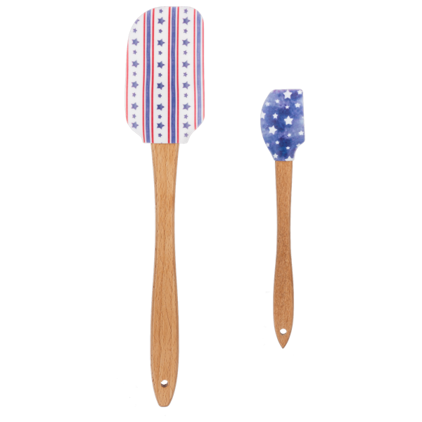 Two spatulas one large, one small with red, white and blue star and stripe patterns.