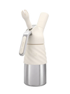 Stainless steel bottle with a cream-colored cover and accessories on a white background