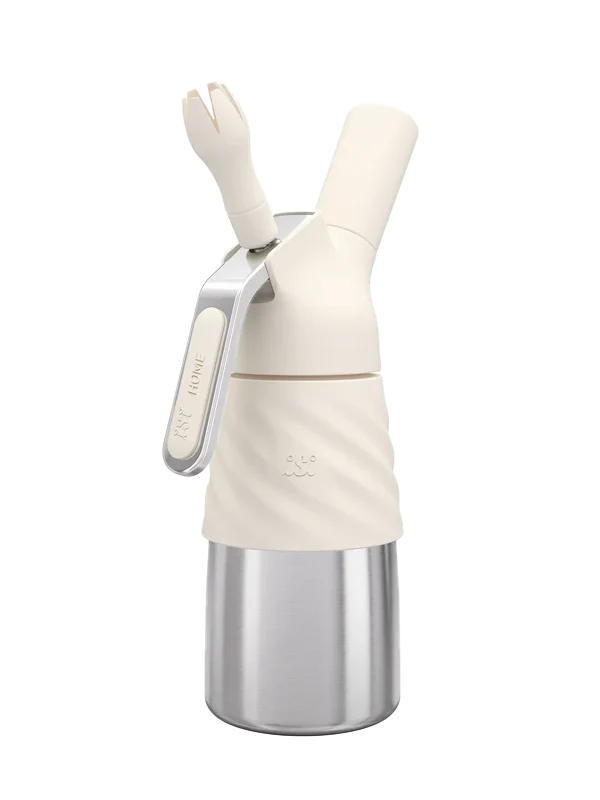 Stainless steel bottle with a cream-colored cover and accessories on a white background