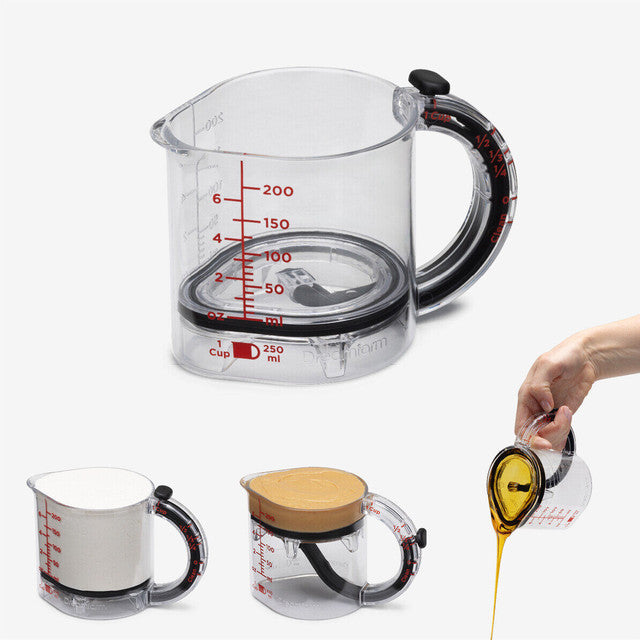 Clear measuring cups with different contents and capacities on a white background.