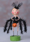 Halloween-themed figurine with black spider dress, holding a pumpkin , and spider web fascinator on a gray background