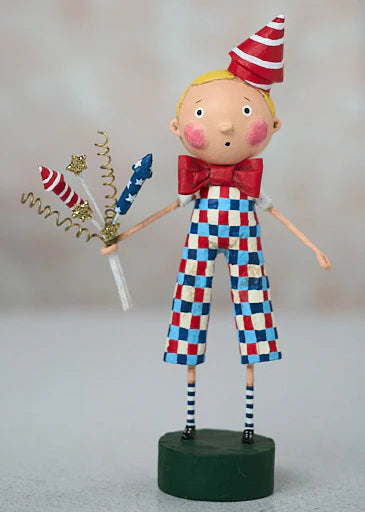 Colorful patriotic figurine with checkered pants and a red bow tie, holding a fireworks bouquet on a plain background