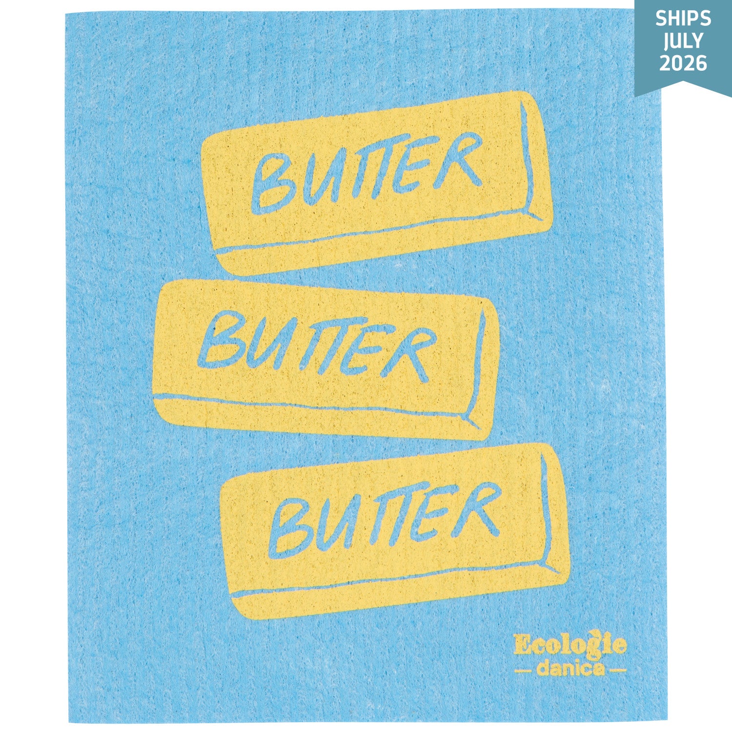 Three yellow bars of butter with 'BUTTER' text on a blue background, featuring the Ecologie Dance brand.