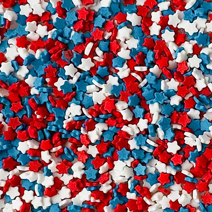 Star-shaped sprinkles in red, white, and blue colors.