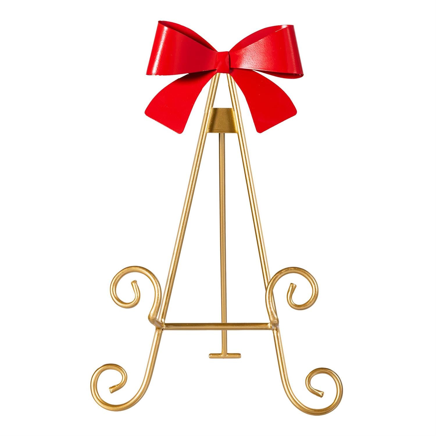 Gold decorative easel with a red bow on a white background