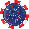 Paper plate with red, white, and blue fireworks design on a blue background