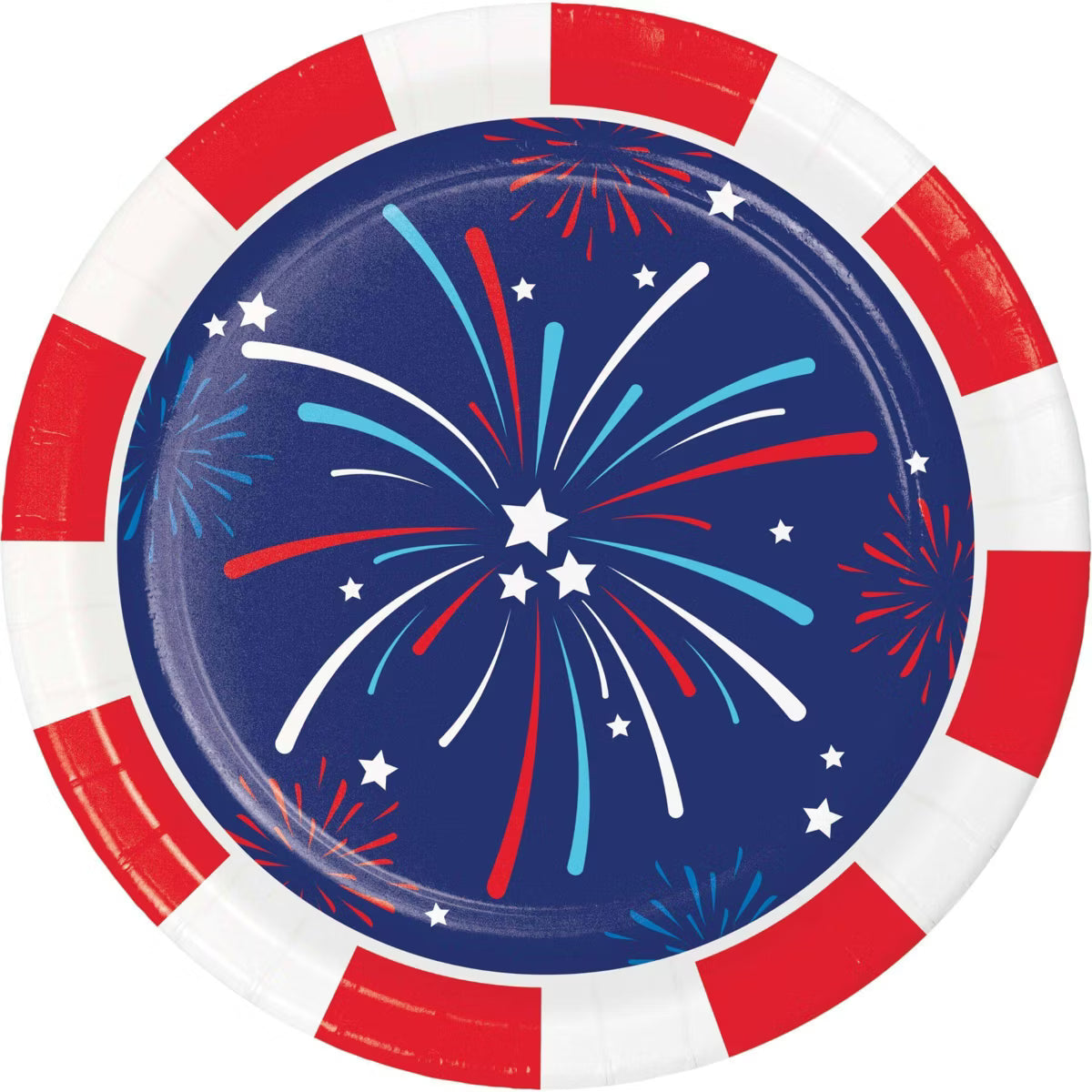 Paper plate with red, white, and blue fireworks design on a blue background