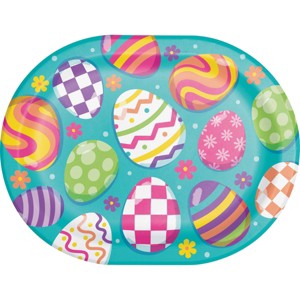 Colorful Easter egg design on a blue paper plate with flowers.