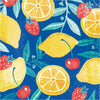 Paper napkin with lemons, strawberries, and cherries on a blue background