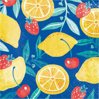Paper napkin with lemons, strawberries, and cherries on a blue background