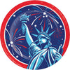 Paper plate with Statue of Liberty design and fireworks on a blue background