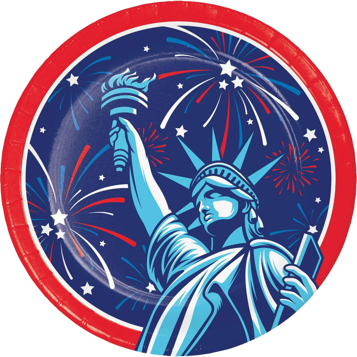 Paper plate with Statue of Liberty design and fireworks on a blue background
