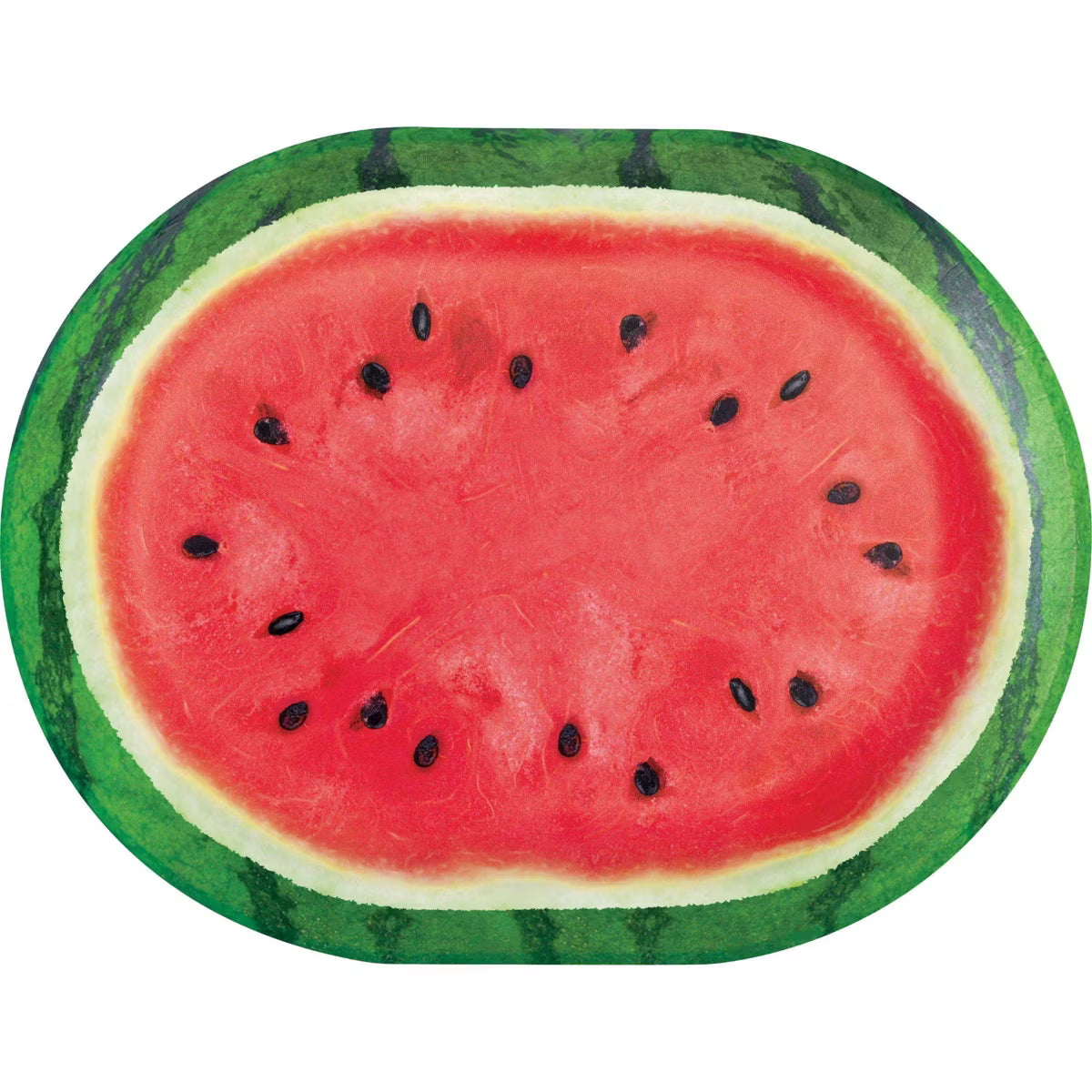 Oval paper plate with sliced watermelon with green rind on a white background