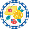 Decorative paper plate with lemon, cherry, strawberry, and leaves and a blue checkered border