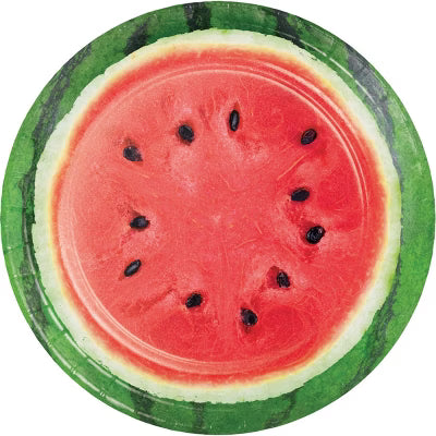 Round paper plate with sliced watermelon with green rind on a white background