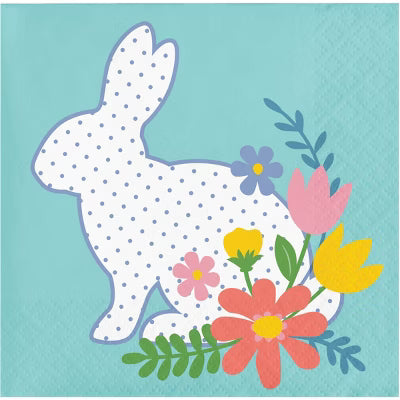 Napkin with a white bunny and colorful flowers on a blue background