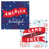 Two patriotic-themed napkins with 'America the Beautiful' and 'Land of the Free' text on a blue and white background with fireworks.