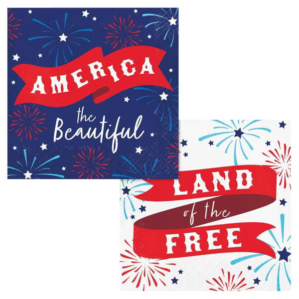 Two patriotic-themed napkins with 'America the Beautiful' and 'Land of the Free' text on a blue and white background with fireworks.
