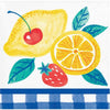 Paper napkin with a cherry, lemon, strawberry, and leaves and a blue checkered stripe.
