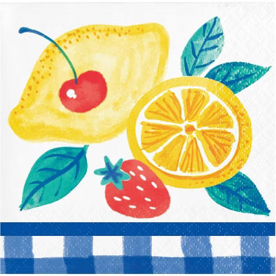 Paper napkin with a cherry, lemon, strawberry, and leaves and a blue checkered stripe.