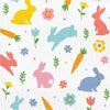 Colorful napkin with bunnies, carrots, and flowers on a white background