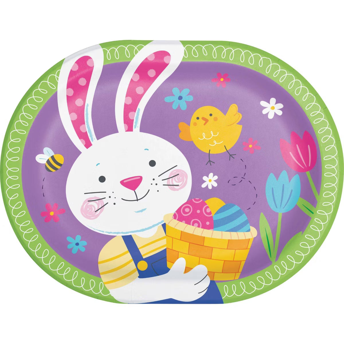 Easter-themed paper plate with a bunny holding an Easter basket, chick, and flowers on a purple background.