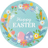 Round Easter-themed paper plate with flowers, eggs, and 'Happy Easter' text on a light blue background.