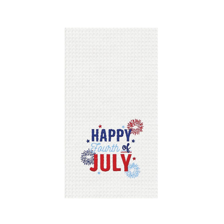 A white kitchen towel with the words Happy Fourth of July written in red and blue.