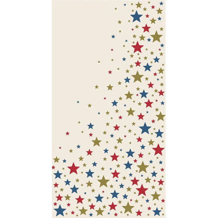 Pattern of red, blue, and gold stars on a beige background