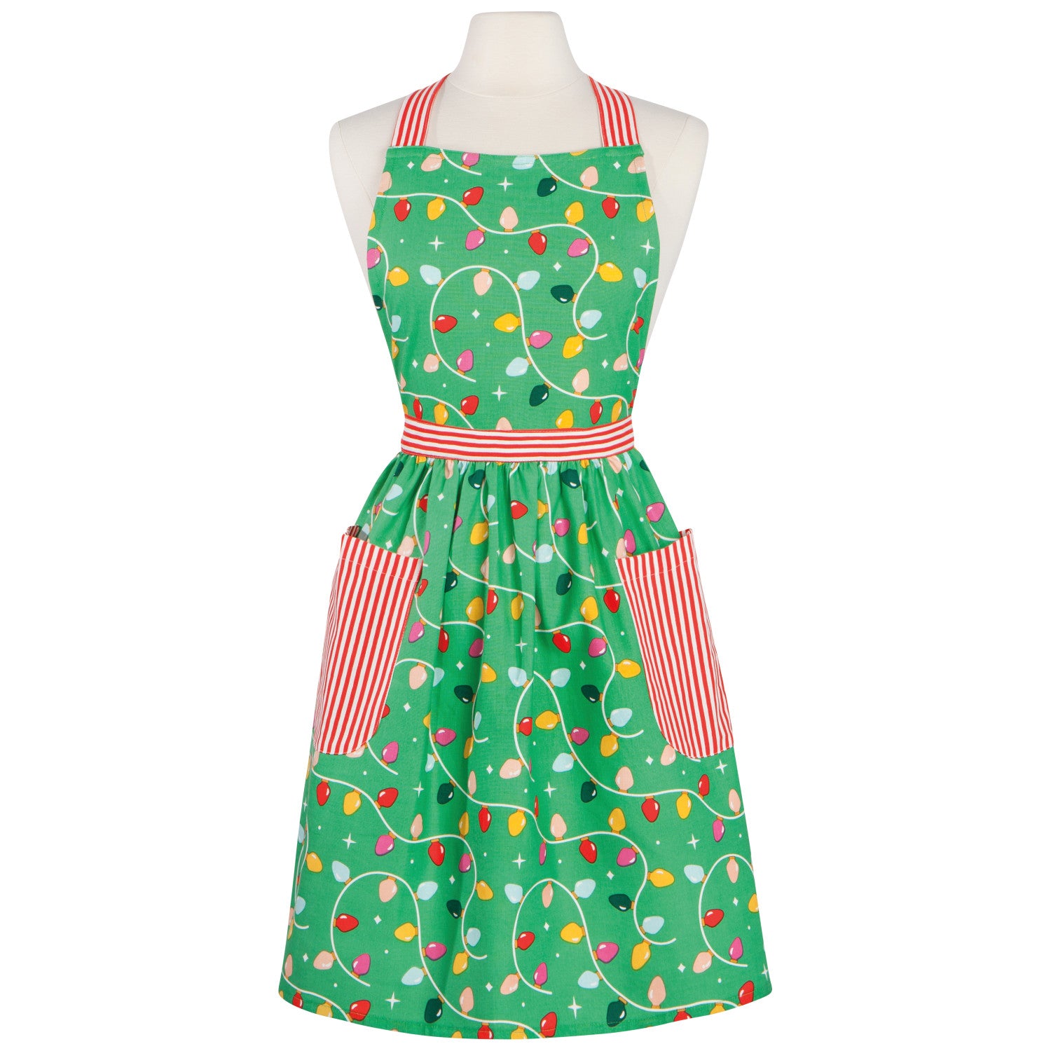 Green apron with colorful light bulb pattern on a white background