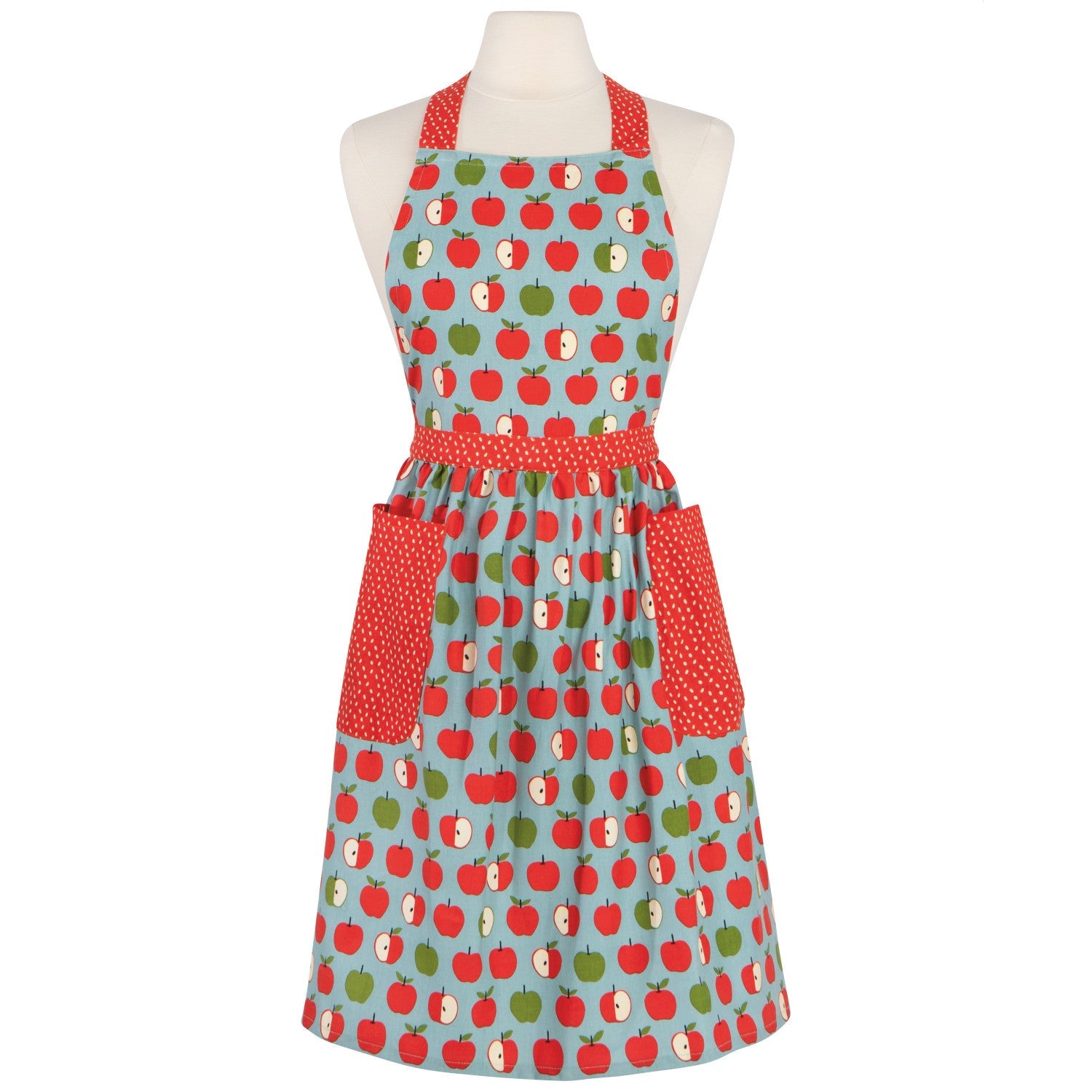Apron with apple pattern on a mannequin against a white background